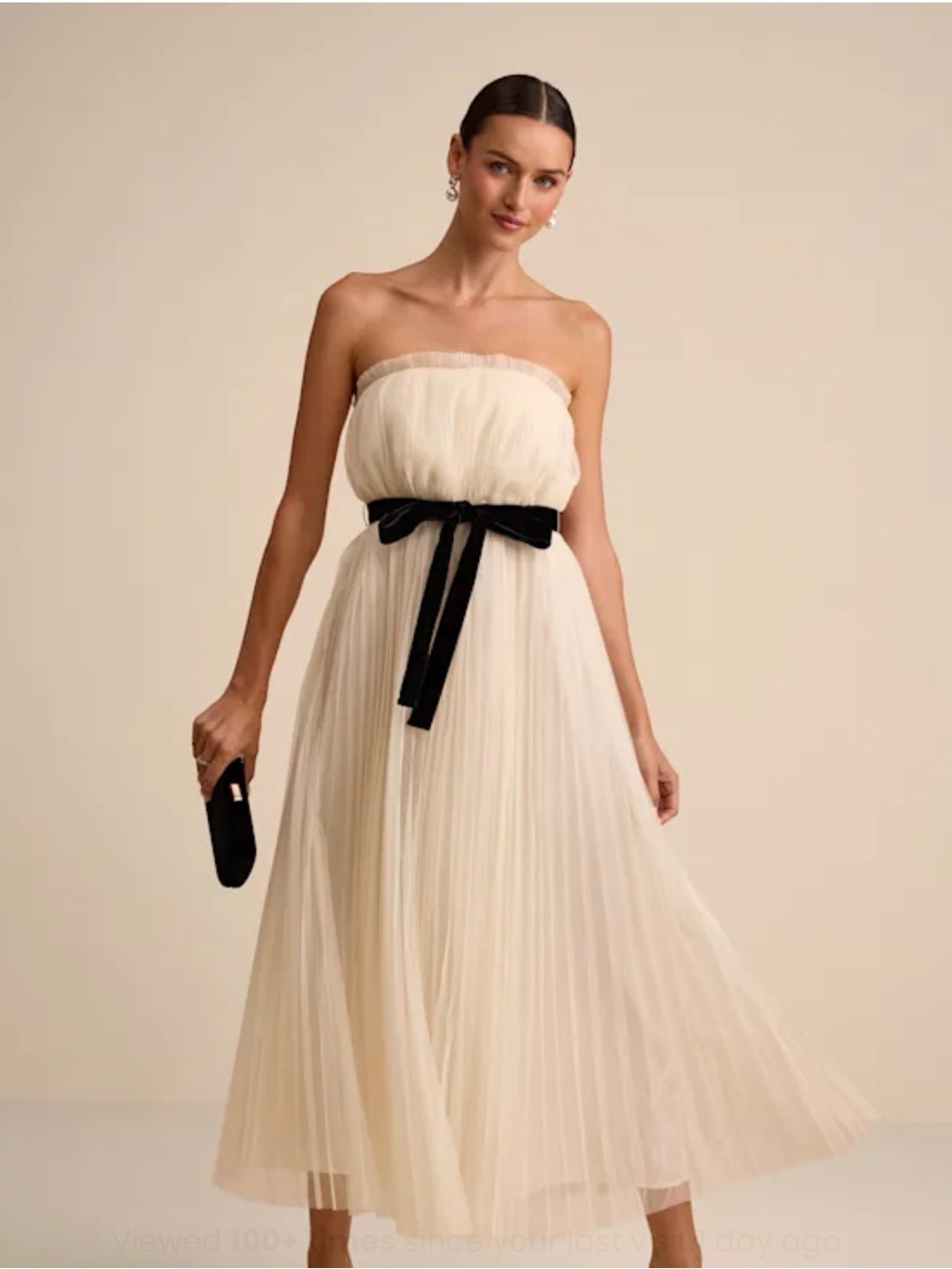 Lulu's Strapless Cream Tulle Midi Dress with Black Velvet Tie